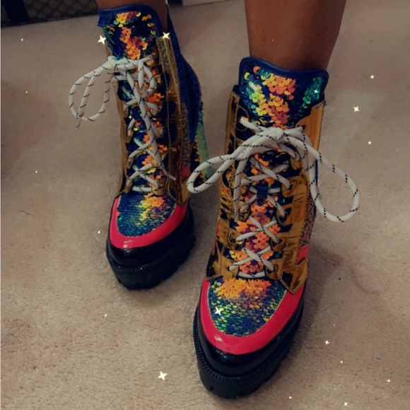 Sequin Combat Platform Heel Booties - Picture 8 of 15